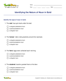 Identifying the Nature of Noun in Bold - sentence - Third Grade